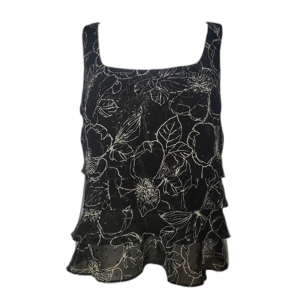 ALEX EVENINGS Black Ruffle Tank Floral Print With Sparkles Womens Size Large